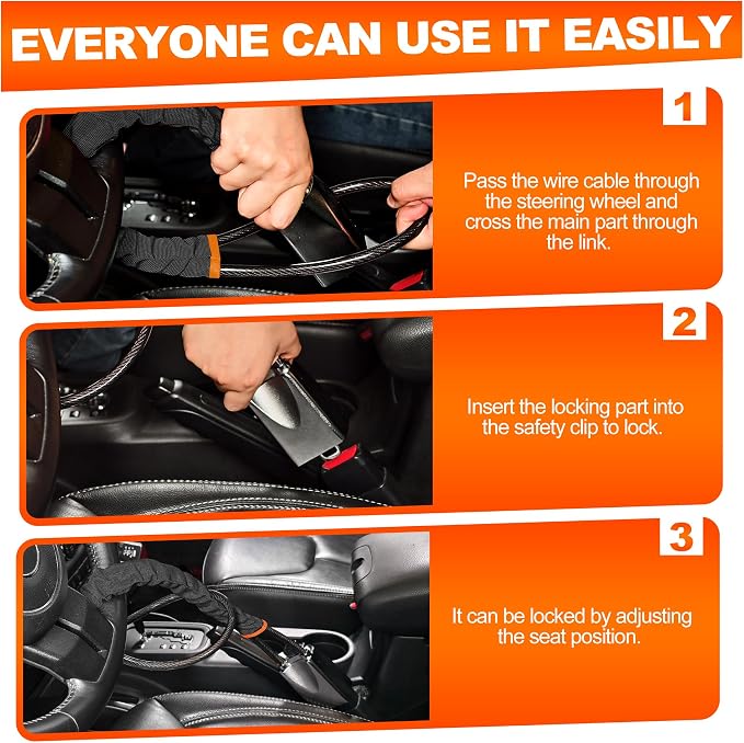 KAYCENTOP Car Steering Wheel Lock, Seat Belt Lock, Car Locks Anti-Theft Device with Aluminum Alloy Lock Housing, Max 17 Inch Length, High Visibility and Light-Weight, Universal Fit, 3Keys(Black) - Image 6