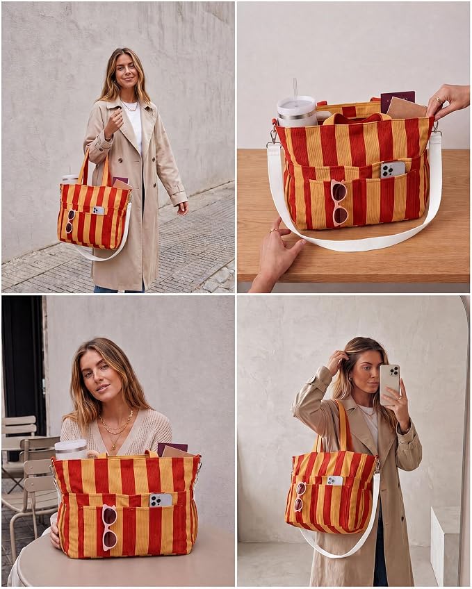 Kacctyen Striped Beach Tote Bag for Women Large Beach Foldable Tote Bag with Zipper Pockets for Travel Pool - Image 7