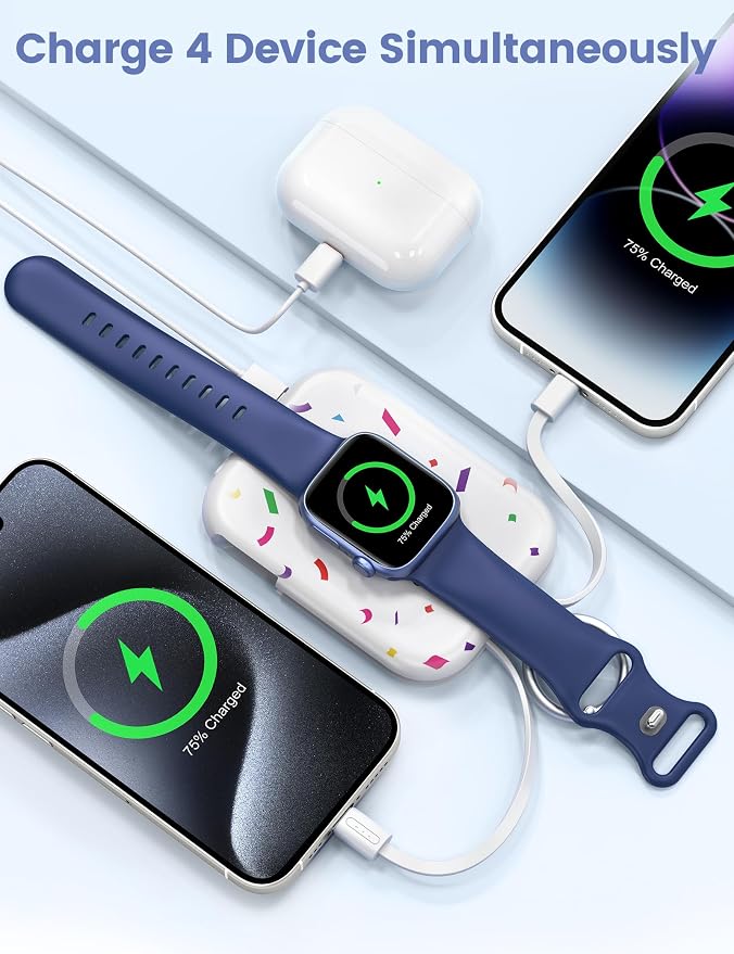RORRY CharmGo Portable Charger, 5000mAh Portable Charger Power Bank | Built-in Cables,Travel Keychain Battery Pack Essentions for Apple Watch 1~11 Series/Ultra/SE & iPhone Air/17/16/15/14/13/12 - Image 4
