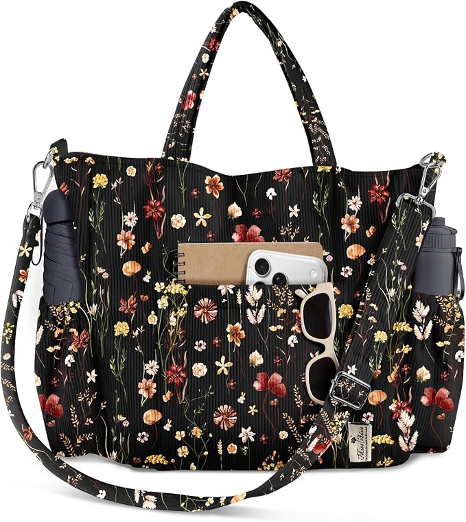 Miss Adola Corduroy Crossbody Tote Bag for Women | Multi Pocket Storage, Zipper Closure, Adjustable Strap, Fits 14 Inch Laptop, Foldable Reusable, for Work Travel Everyday by MissAdola
