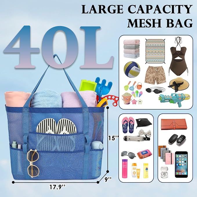 Fammart Mesh Beach Bag for Women, Large Beach Toy Pool Bag with Zipper Pocket, SandProof Cruise Essentials 2026 Family Travel - Image 4