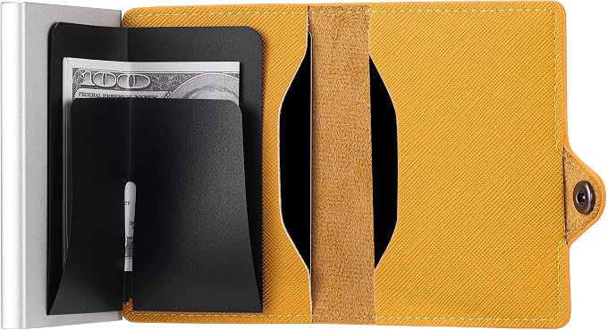 Pop Up Wallet for Women | Slim RFID Blocking Card Holder for Small Purse & Crossbody Bag | Compact Metal Wallet 4-6 Card Capacity | Saffiano Orange - Image 9