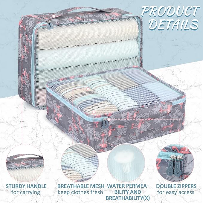 Silkfly 12 Pcs Packing Cubes for Suitcase Travel Luggage Bags Bulk Mesh Organizer Set for Hiking Camping(XL, L, M,Flamingos,Pink,Blue) - Image 4