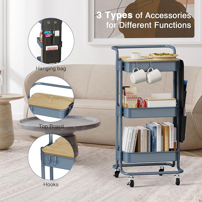 DTK 3-Tier Rolling Cart with Table Top, Metal Utility Cart with Side Bags | Tray Storage Organizer, Lockable Wheels, 4 Hooks, Art Cart for Kitchen, Bathroom, Office, Craft room, Living room, Blue - Image 5