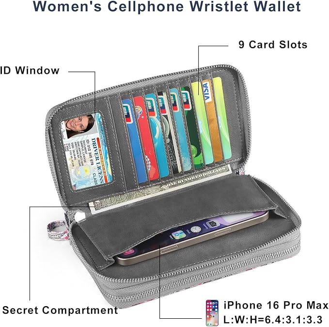 RFID Blocking Cellphone Wallet for Women with Wrist Strap, Double Zipper Travel Clutch Purse Large Capacity, Fissidens Flower - Image 3