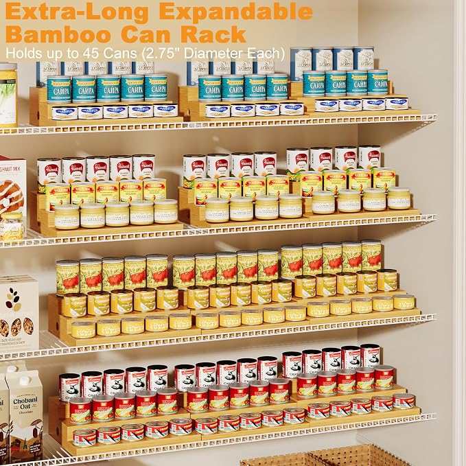 3-Tier Extra-Long Expandable Bamboo Can Rack for Pantry, Holds 45 Cans | Adjustable Pantry Can Organizer, Large Capacity Holds up to 45 Cans, Pantry Shelf & Countertop Storage (Patent Pending) - Image 2