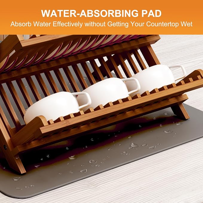 Greenual Teak Dish Drying Rack with Utensil Holder, 2 Tier Collapsible Dish Rack, Wooden Dish Racks for Kitchen Counter, Folding Drying Holder with Absorbent Dish Drying Mat - Image 6