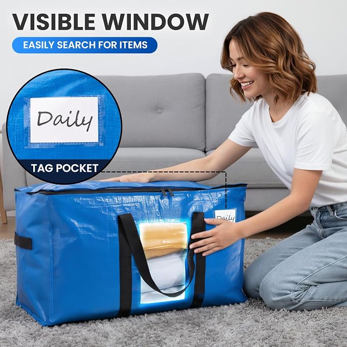 TAILI 10 Pack Blue Extra Large Moving Bags,Storage Bag with Visible Window | 93L Heavy Duty Totes For Storage,Wrap Around Handles,Alternative to Moving Boxes, College Dorm,Perfect for Moving - Image 5