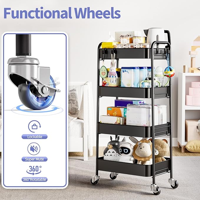 TOOLF 4 Tier Metal Rolling Cart, Utility Storage Cart with Wheels, Black | Screwless Assembly, Lockable Metal Wheels, Trolley Organizer for Bathroom, Kitchen, Office, Dorm, Laundry, Craft Room - Image 4