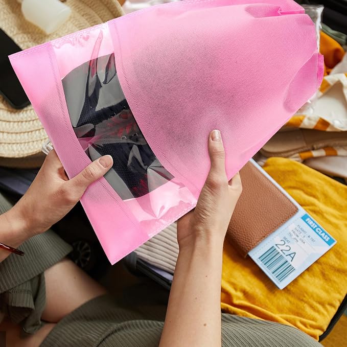 Pink Travel Shoe Bags - 5 Pcs Non-Woven Packing Bags with Clear Window | 15.7" x 11.8" Waterproof Dustproof Portable Travel Shoe Storage Bag for Men and Women - Image 7
