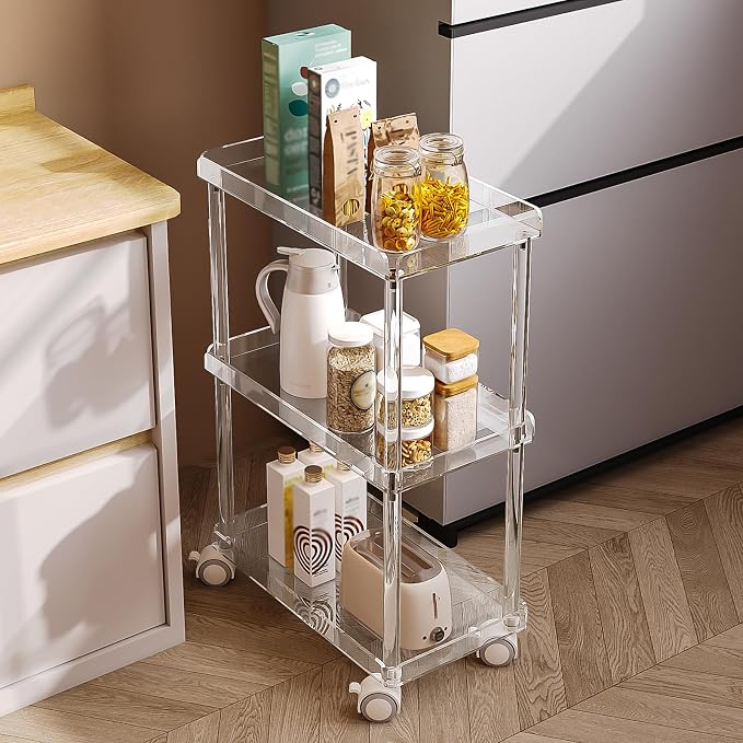 Aquiver Acrylic Slim Storage Cart - 3 Tier Utility Rolling Cart - for Kitchen, Bathroom, Living Room, Laundry, Narrow Places - 15.6'' L x 8.7'' W x 23.6'' H - Image 4
