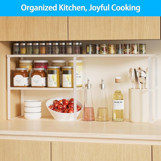 Golener Kitchen Counter Organizer, Countertop Shelf, Adjustable, Stackable | Kitchen Countertop Organizer, Spice Rack, 2-Tier Countertop Shelves, Corner Desk Shelf, Corner Counter Shelf, Natural Beige - Image 2