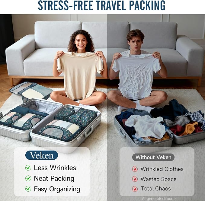 Veken 10 Set Packing Cubes for Travel Essentials,Anti-Wrinkle Buckled Suitcase Organizer for Shoe & Toiletry Bag,Carry On Luggage Bag with 99+ Count Mesh Holes for Airplane & College Dorm Accessories - Image 7