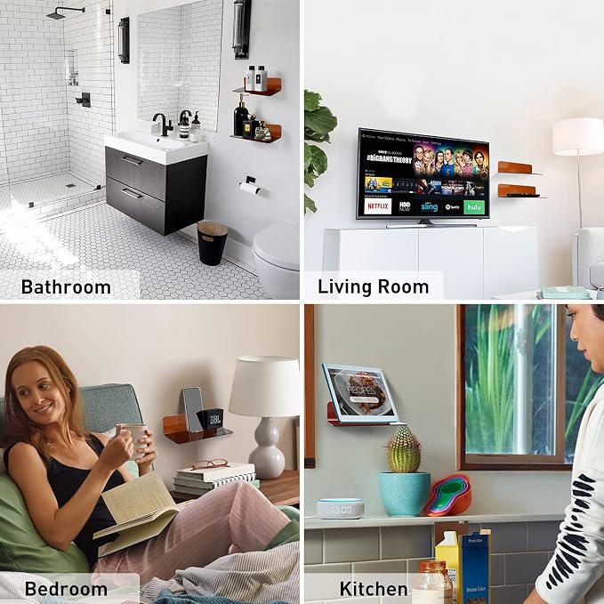 OAPRIRE Acrylic Floating Wall Shelves Brown, No Drill, 9 Inch 2 Pack | Strong Tape Adhesive Wall Shelf, Easy Installation, Hole Design with Cable Clips, Small Spaces Bedroom Bathroom Living Room - Image 3