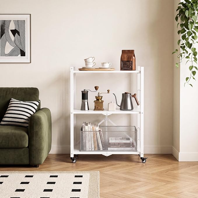 Folding Storage Shelves No Assembly, 3 Tier Foldable Shelves with Wheels, Collapsible Rolling Storage Rack for Pantry Laundry Room Small Spaces, White - Image 8