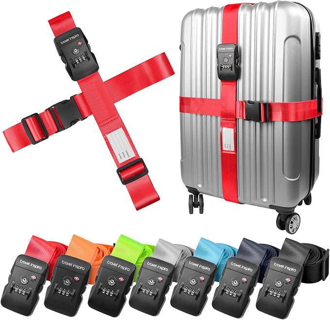 Travel Inspira Heavy Duty Luggage Straps with TSA Lock | Cross-Strap Design; 103-200cm Length; TSA Lock with Tag; Nylon Webbing; Quick Buckle; High Visibility Red;Anti-Burst by TravelInspira