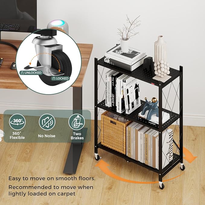 DEANIC 3 Tier Foldable Storage Shelves with Wheels, Kitchen Appliance Stand, Freestanding Metal Wire Shelf Rack, No Assembly Organizer Rolling Cart for Garage, Basement, Pantry (Black) - Image 10