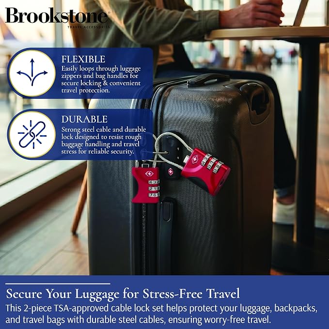 Brookstone Cable Luggage Locks, 2 Pack, TSA Approved, Resettable | 3-Digit Combination Lets You Set Your Own Code, Slim Design Threads Through Zippers or Straps, Great for Bags - Image 3
