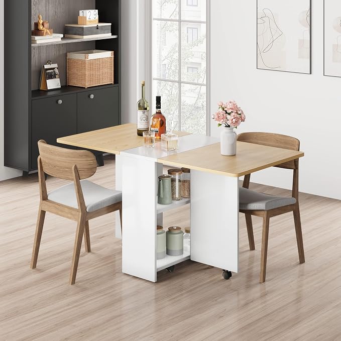 IDEALHOUSE FoldingTable, Drop Leaf Dining Table with 6 Wheels and 2-Layer Storage Shelf, Space Saving Table for Small Spaces (Natural Wood, 47.2" D x 23.6" W x 29.5" H) - Image 4