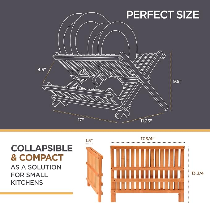 Bambüsi Collapsible Dish Drying Rack, Foldable Kitchen Counter Dish Drainer | Dish Rack Folds Flat, Space-Saving Bamboo Strainer, No Assembly, Holds Plates Cups Bowls Mugs Utensils, for Home, RV, Dorm - Image 4