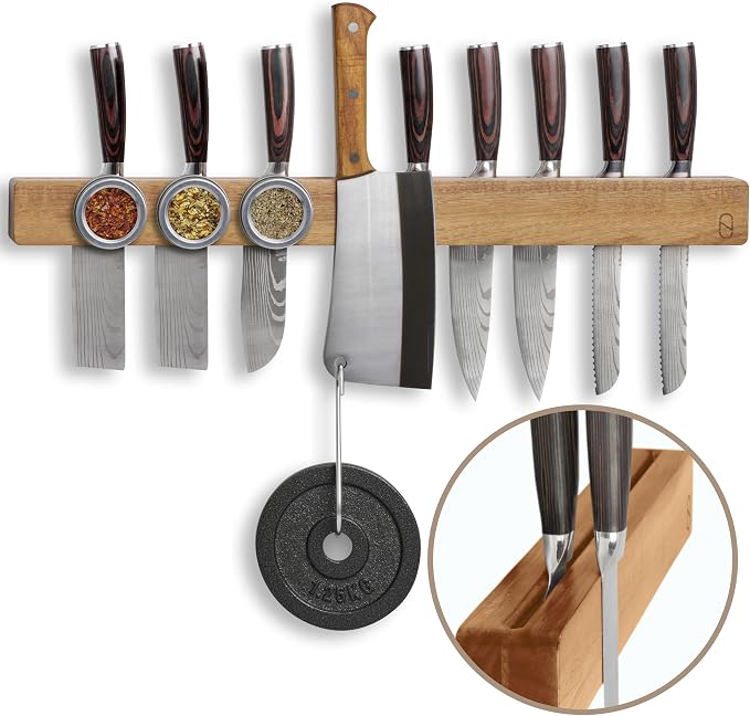 Premium 24 inch Magnetic Knife Holder for Wall with 2x Storage & Charming Wood - Knife Magnetic Strip, Under Cabinet Magnet Knives Storage - Magnet Strip Rack Kitchen Utensil Holder Organizer Tool by NOVAWARE