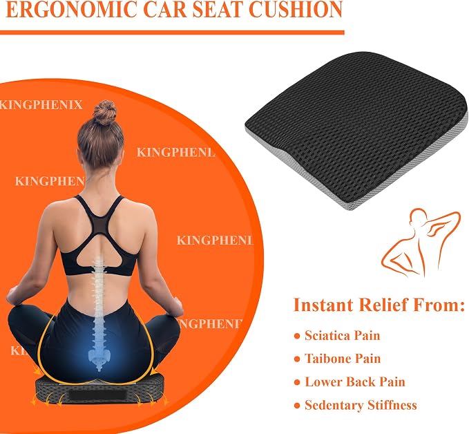 kingphenix Memory Foam Car Seat Cushion for Driving Comfort and Office Use | Coccyx and Lower Back Pressure Relief, Seat Cushion for Car, Truck, SUV, Long Drives and Office Chair, 4D Mesh Classic Black - Image 2