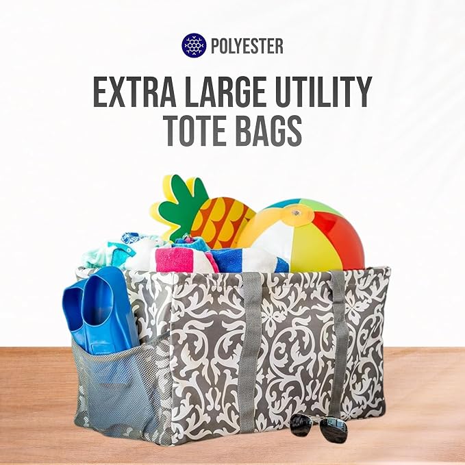 Extra Large Utility Tote Bag - Oversized Collapsible Reusable Wire Frame Rectangular Canvas Basket With Two Exterior Pockets For Beach, Pool, Laundry, Car Trunk, Storage - Damask Gray - Image 7