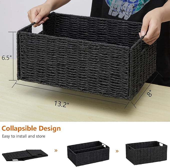Wicker Storage Basket, Set of 2 Black Wicker Baskets for Bathroom | Hand-Woven Wicker Small Storage Baskets for Organizing Toilet Paper, Foldable Large Cube Storage Organizer Bin for Shelves - Image 2