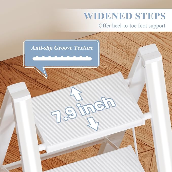 2 Step Ladder, Foldable Aluminum Step Stool with Anti-Slip Pedal | Lightweight yet Sturdy, Portable, Non Slip Feet, 300Lbs Capacity, Elegant Look, for Kitchen, Closet, Pantry, White - Image 2