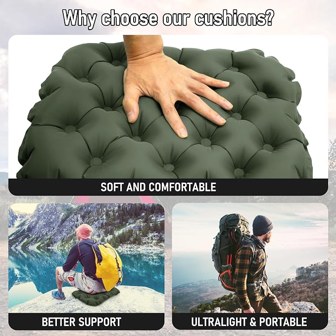 Inflatable Seat Cushion, Lightweight Stadium Seat Pad, Travel Air seat Cushion Anti-Slip for Airplane, Long Flights, Hiking, Climbing, Home and Camping, Compact Air Cushion,Olive Green - Image 3