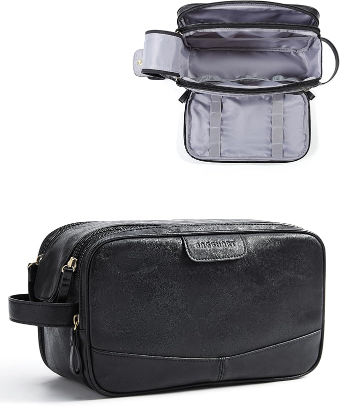 BAGSMART Large Toiletry Bag for Men, PU Leather Water Resistant, Black | High-gloss, Travel Bag for Toiletries, Dopp Kit, Shaving Bag for Bathroom Shower by BAGSMART