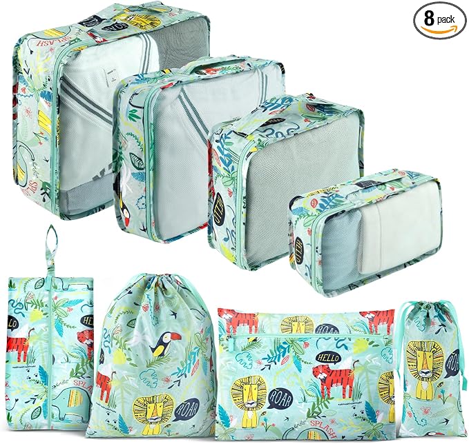 8 Pcs Packing Cubes for Kids, Luggage Packing Organizers, Travel Essentials | Kids Compression Packing Cubes, Breathable Material Space Saving Waterproof Various Size Suitcase Organizer, Girls and Boys by MissBoy