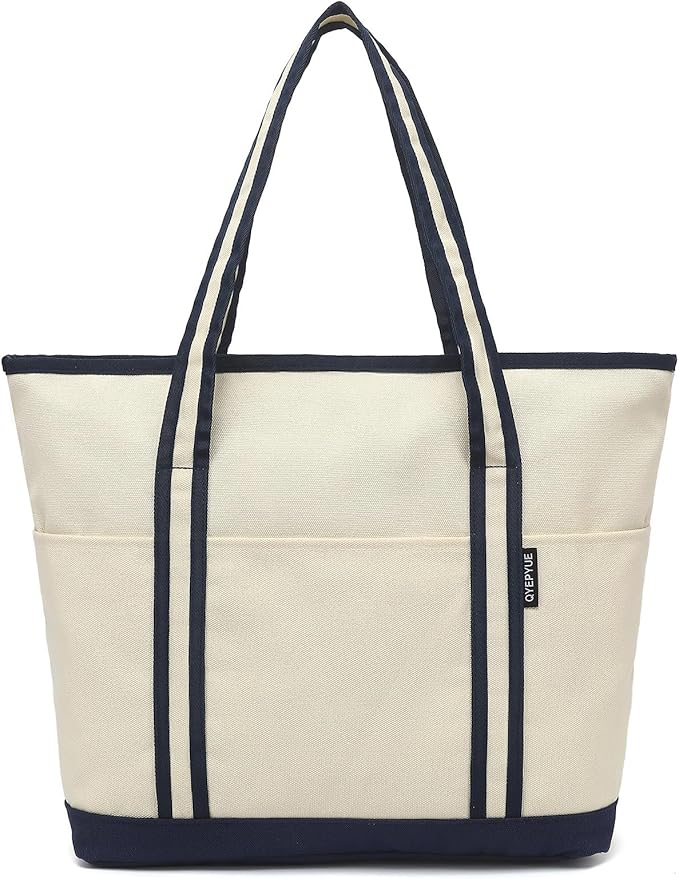 Large Canvas Tote Bag for Women, Beach Bag with Zipper, Utility Tote Bag with 3 Front Pockets, Weekender Pool Bag by CanvasToteBag