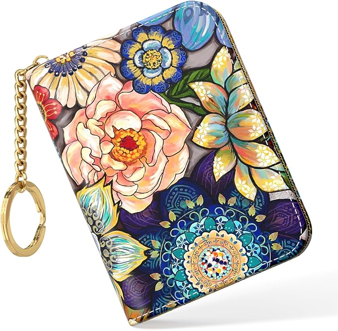 Nipichsha Women's RFID Blocking Small Leather Wallet, Mandala Flower, Slim and Compact Size, 12-Accordion Slots, Protects Privacy | Leather Card Holder Wallet, Credit Card Wallet Organizer, Business Card Case with Zipper & Keychain, 12-Slot Compartment by Nipichsha