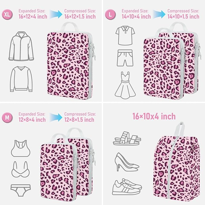 6 Set Compression Packing Cubes, Suitcase Organizer, Lightweight Travel Essentials, Compression Bags For Travel Accessories Luggage Storage Set (6Pcs, Purple Leopard) - Image 2