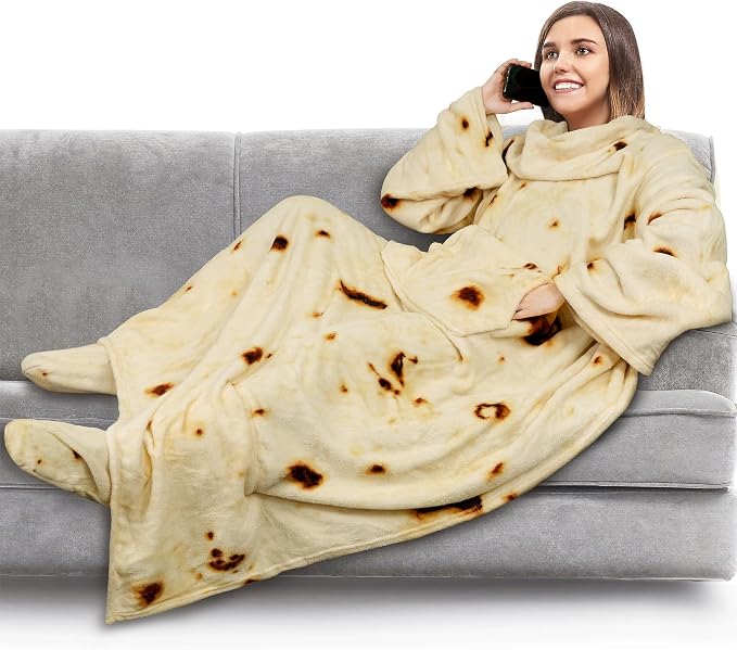 PAVILIA Fleece Blanket with Sleeves, Foot Pockets for Women Men Adults, Plush Wearable Blanket Throw Wrap, Warm Snuggle Blanket Robe, Cozy Gift Ideas Wife Mom, Burrito Beige by PAVILIA