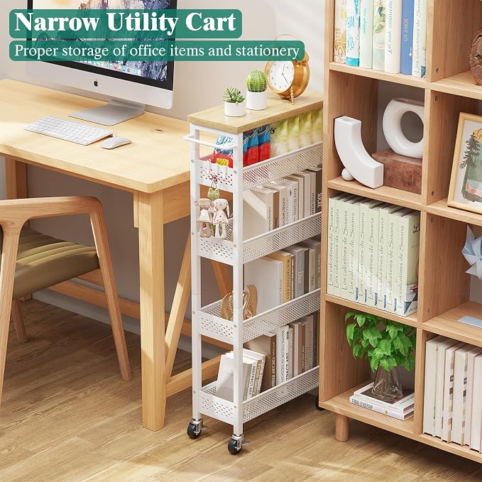 Slim Storage Cart 5 Tier Narrow Kitchen Rolling Cart on Wheels for Small Space, Metal Utility Cart Narrow Bathroom Storage Cabinet Mobile Shelf Unit Organizer with Wood Top and Handle, White - Image 3