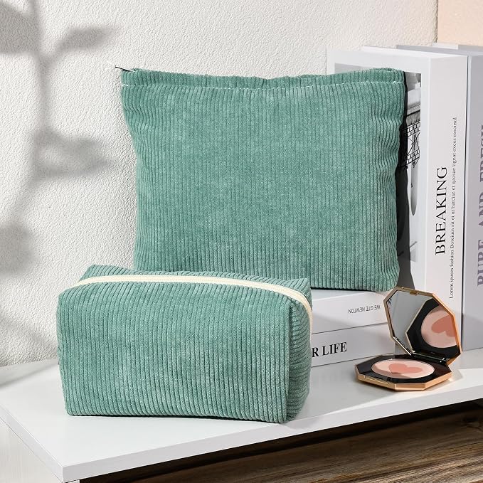 SOIDRAM 2 Pieces Makeup Bag Large Corduroy Cosmetic Bag Capacity Canvas Mix Travel Toiletry Bag Organizer Cute Makeup Brushes Aesthetic Accessories Storage Bag for Women, Corduroy Mix Green - Image 2
