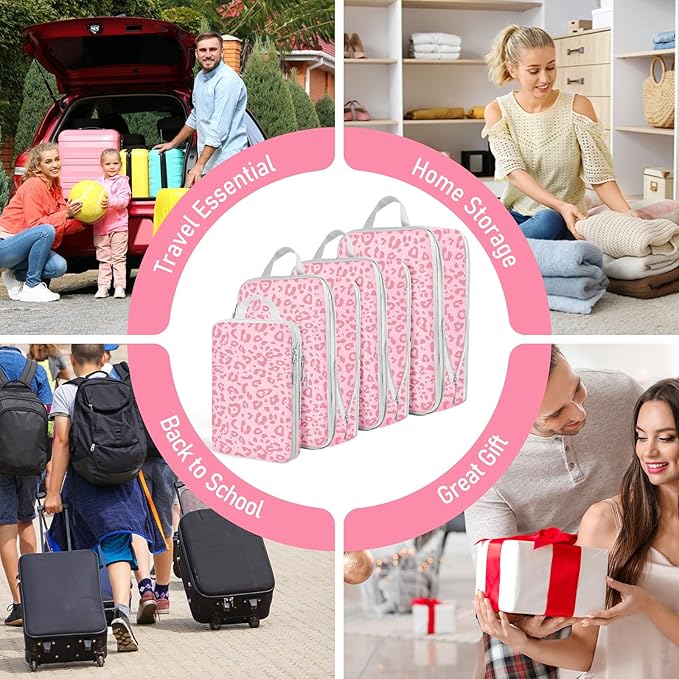 4 Set Compression Packing Cubes For Travel Bags Organizer For Luggage Suitcase Organizer, Compression Bags For Travel Accessories Luggage Storage Set (4 Pcs, Pink Leoparda) - Image 7