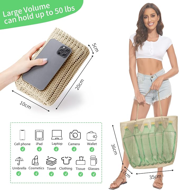 KALIDI Beach Mesh Tote Bag, Casual MAX 23L Summer Foldable Hobo Bag Women | Sandproof Widen Strap Large Shoulder Bag For Lake Pool Vacation Travel Picnic Grocery Market Shopping Carrier - Image 4