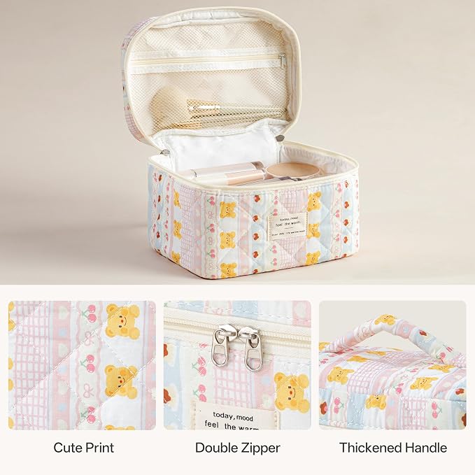 HBselect Quilted Makeup Bag, 3Pcs Cotton Large Travel Makeup Bags Organizer | Cute Floral Make up Bag Cosmetic Bag Toiletry Bag for Women Girls, Makeup Pouch for Skincare, Brushes & Travel Essentials - Image 3