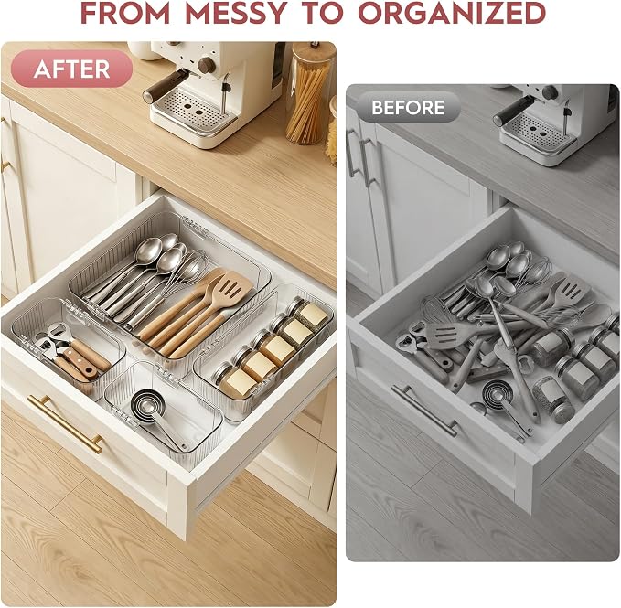 Expandable Drawer Organizer Set, Clear Adjustable Drawer Dividers, 4-Piece Storage Trays for Kitchen, Bathroom, Makeup, Office, Durable PET Material - Image 3