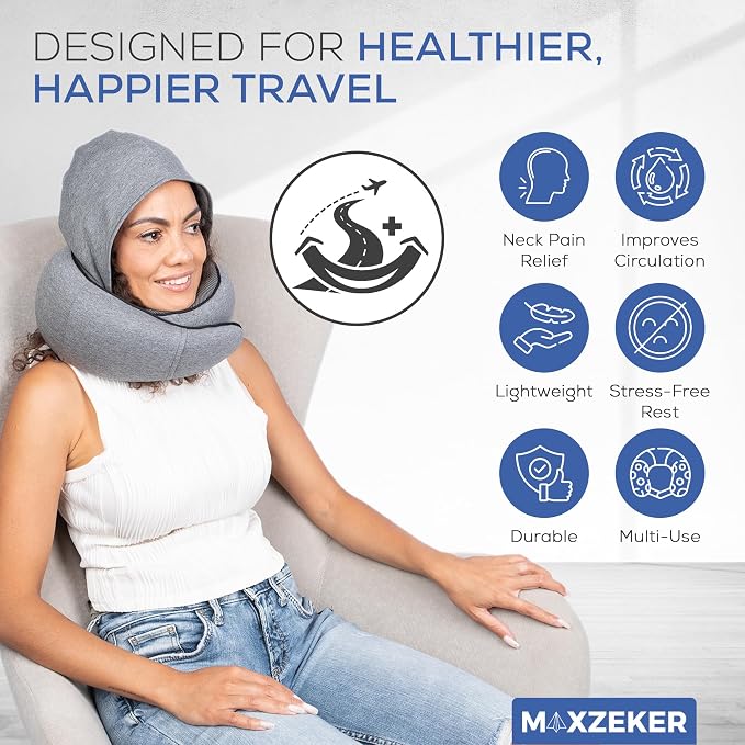 Travel Neck Pillows for Airplanes – Sleep Comfortably on Long Flights, Roadtrips, Home or Office. All-in-One Travel Sleep Kit with Hood, Eyemask and Earplugs - Image 5
