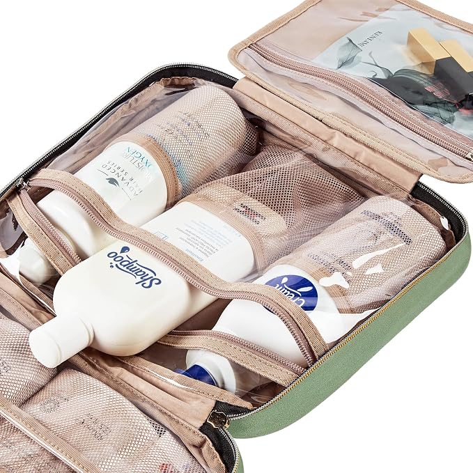 NISHEL Travel Toiletry Bag for women, Portable Hanging makeup Organizer | for Travel-Sized Shampoo, Conditioner, Brushes Set, makeup Accessories, Medium Size, Large Size, Bronze Green - Image 6