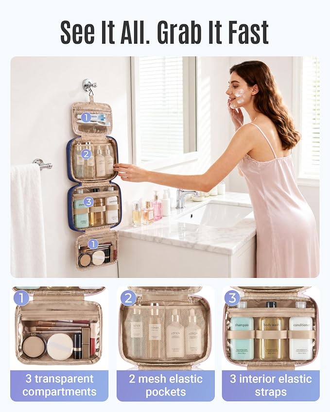 Travel Toiletry Bag - Hanging Makeup Organizer for Women & Men | Portable Hanging Organizer for Travel-Sized Shampoo, Full-Sized Toiletries, Brushes Set, Makeup Accessories, Black - Image 3
