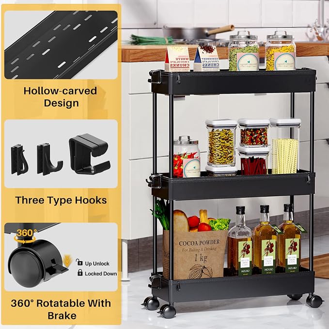 SPACEKEEPER Slim Rolling Storage Cart, 3 Tier Bathroom Storage Organizer Laundry Room Utility Cart Mobile Shelving Unit, Multi-Purpose for Kitchen Office Bathroom Laundry Narrow Places, Black | Narrow Rolling Cart with Wheels for Kitchen Office Bathroo... - Image 7