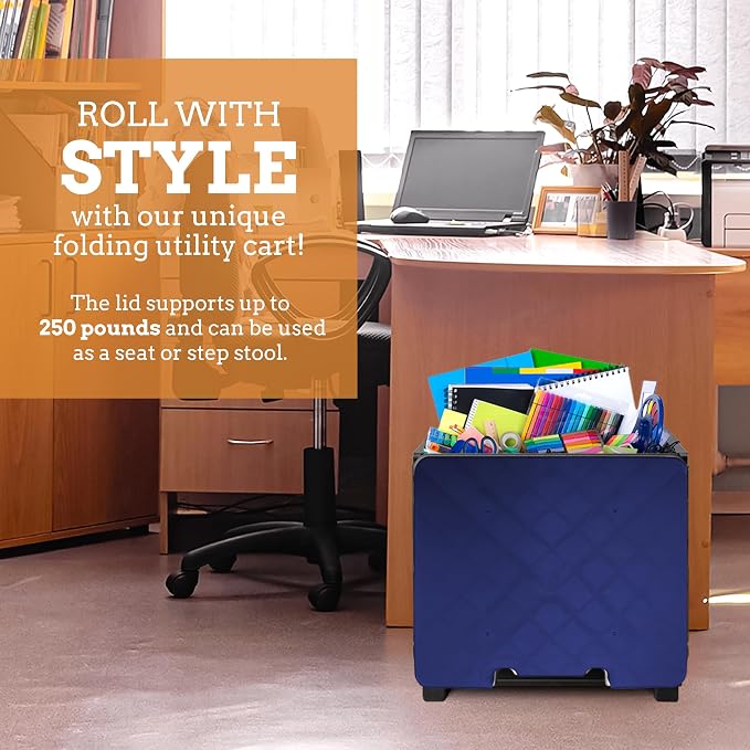 Inspired Living Collapsible Ultra-Slim Pack-N-Roll,2 Wheel Utility Cart w/Lid Used as Seat up to 250 Lbs, Telescopic Handle - Super Strong, for Home, Garden, Shopping, Office, School use, Large, Blue - Image 7