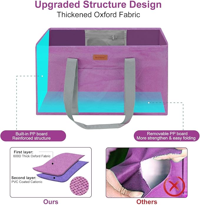 WONDAY RoseRed Foldable Utility Tote Bag, Reusable Grocery Bag | 22x11x13in, holds 50lbs, 600D Oxford fabric with PP board bottom, folds flat, side panels only, not self-standing - Image 5