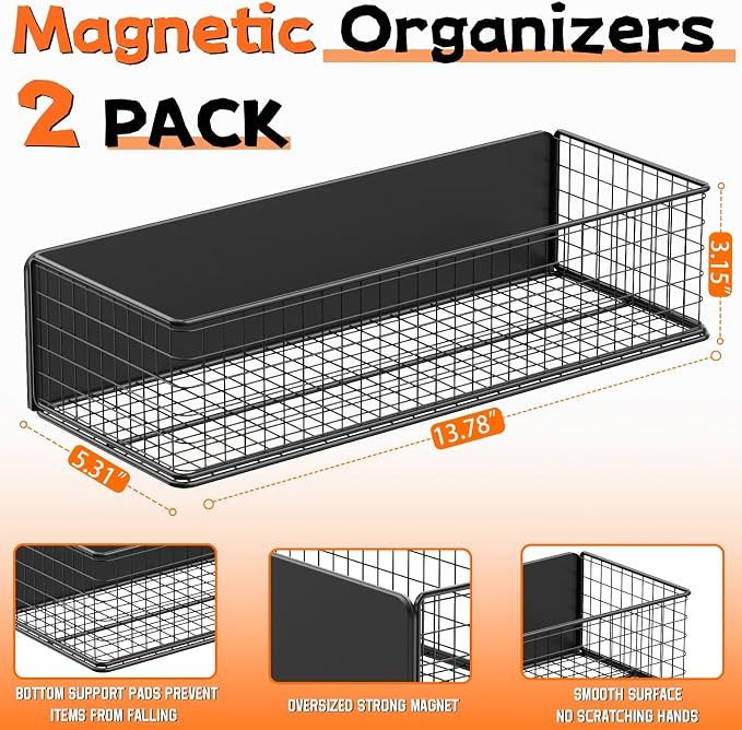 ULIBERMAGNET Magnetic Baskets Fridge Organizers, Large Capacity Metal Wire Mesh Basket Spice Rack for Fridge Storage, Magnetic Shelf for Garage, Laundry, Kitchen, Workshop, Cabinet(2 Pack) - Image 2