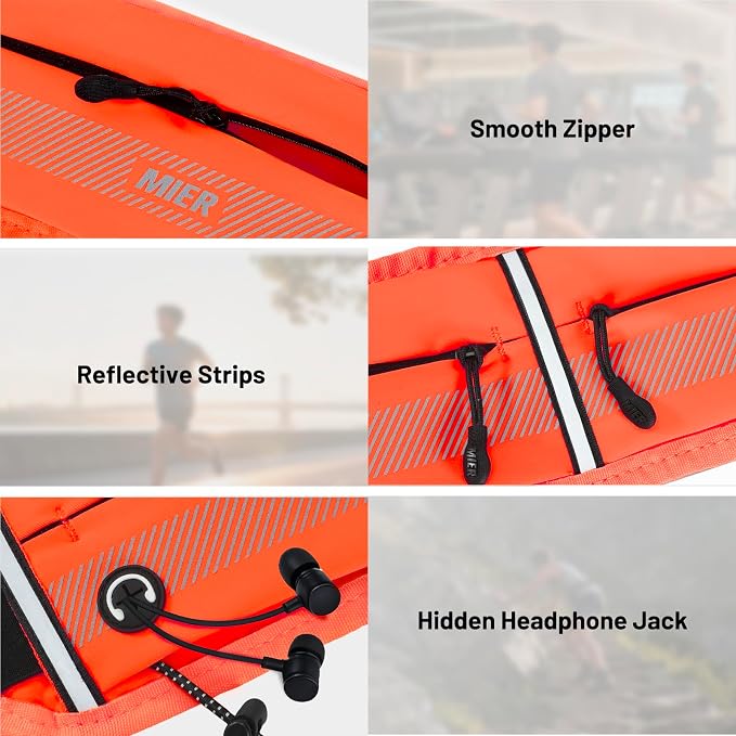MIER Running Belt for Women & Men, Fanny Pack with Marathon Bib Clip Orange | Slim Adjustable Phone Holder Pouch; Reflective Waist Packs for Running Essentials; Waterproof Zipper Pockets - Image 4